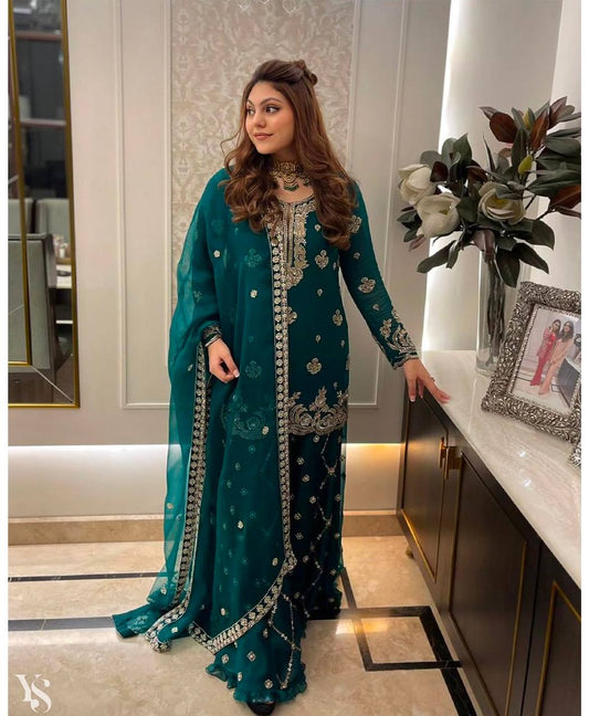 "Elegant Pure Fox Georgette Set with Heavy Embroidery & Sequence Work"