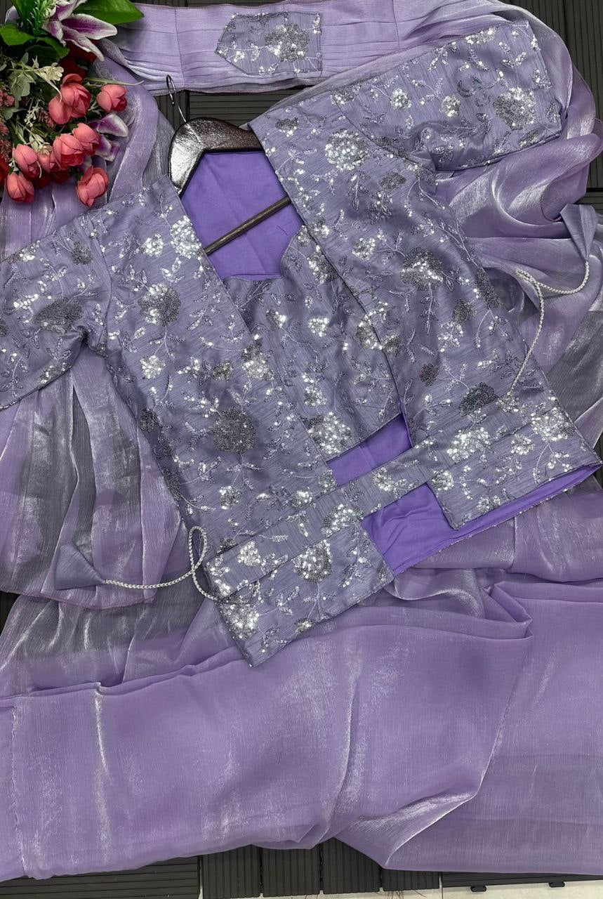 "Elegant Heavy Barbari Saree Set with Embroidered Jacket, Blouse & Belt"