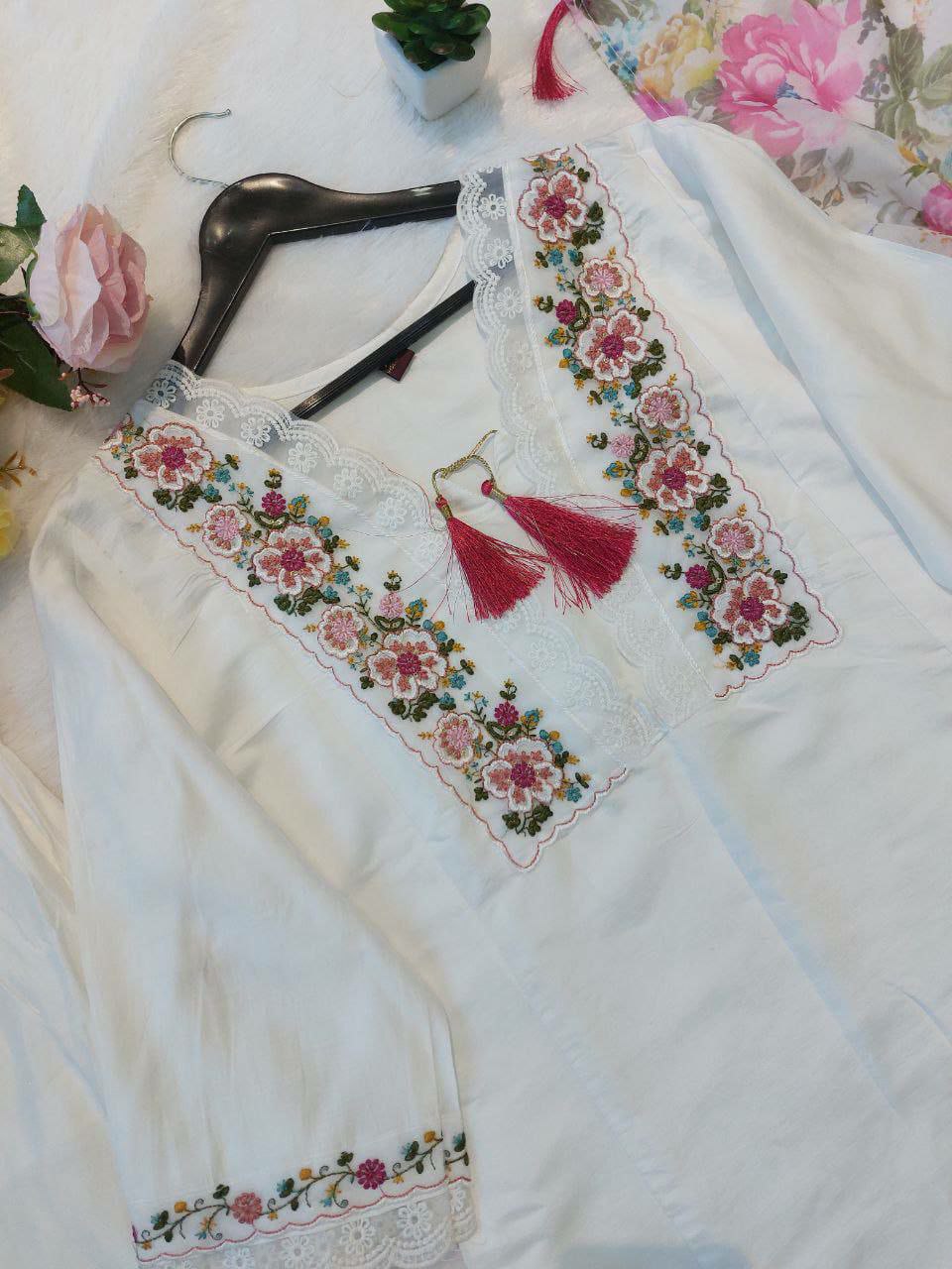 "Embroidered Chanderi Silk Top with Roman Silk Pant & Organza Dupatta – Fully Stitched, Ready-Made Set"