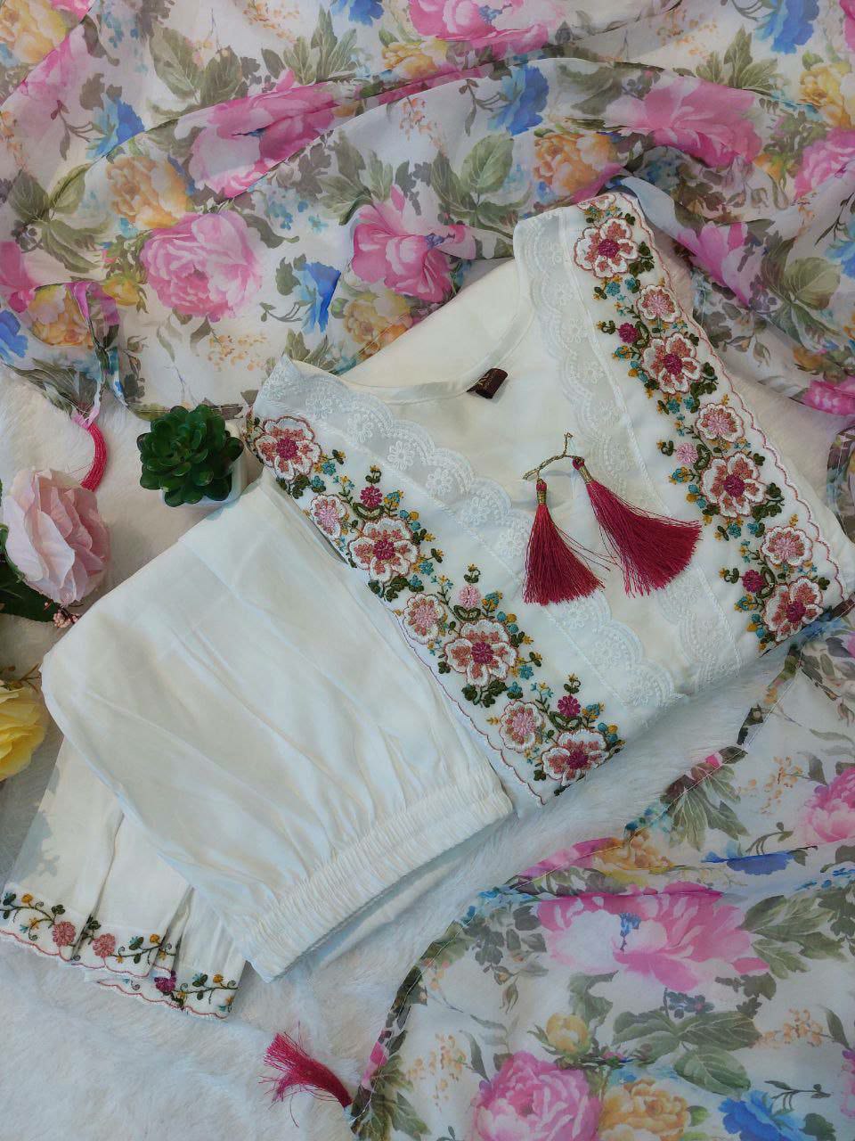 "Embroidered Chanderi Silk Top with Roman Silk Pant & Organza Dupatta – Fully Stitched, Ready-Made Set"