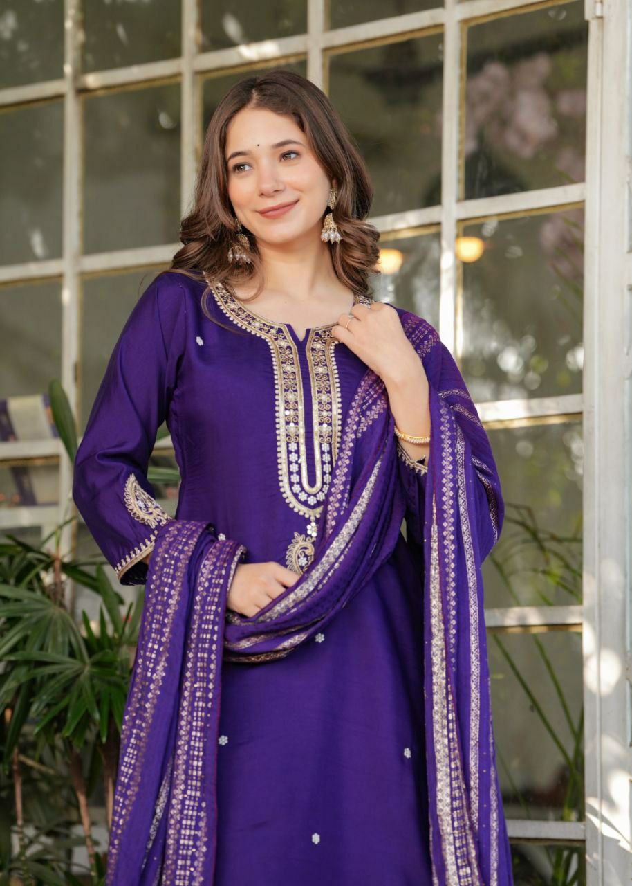 "Elegant Viscose Chanderi Kurti Set with Embroidered Sequins & Jacquard Dupatta"