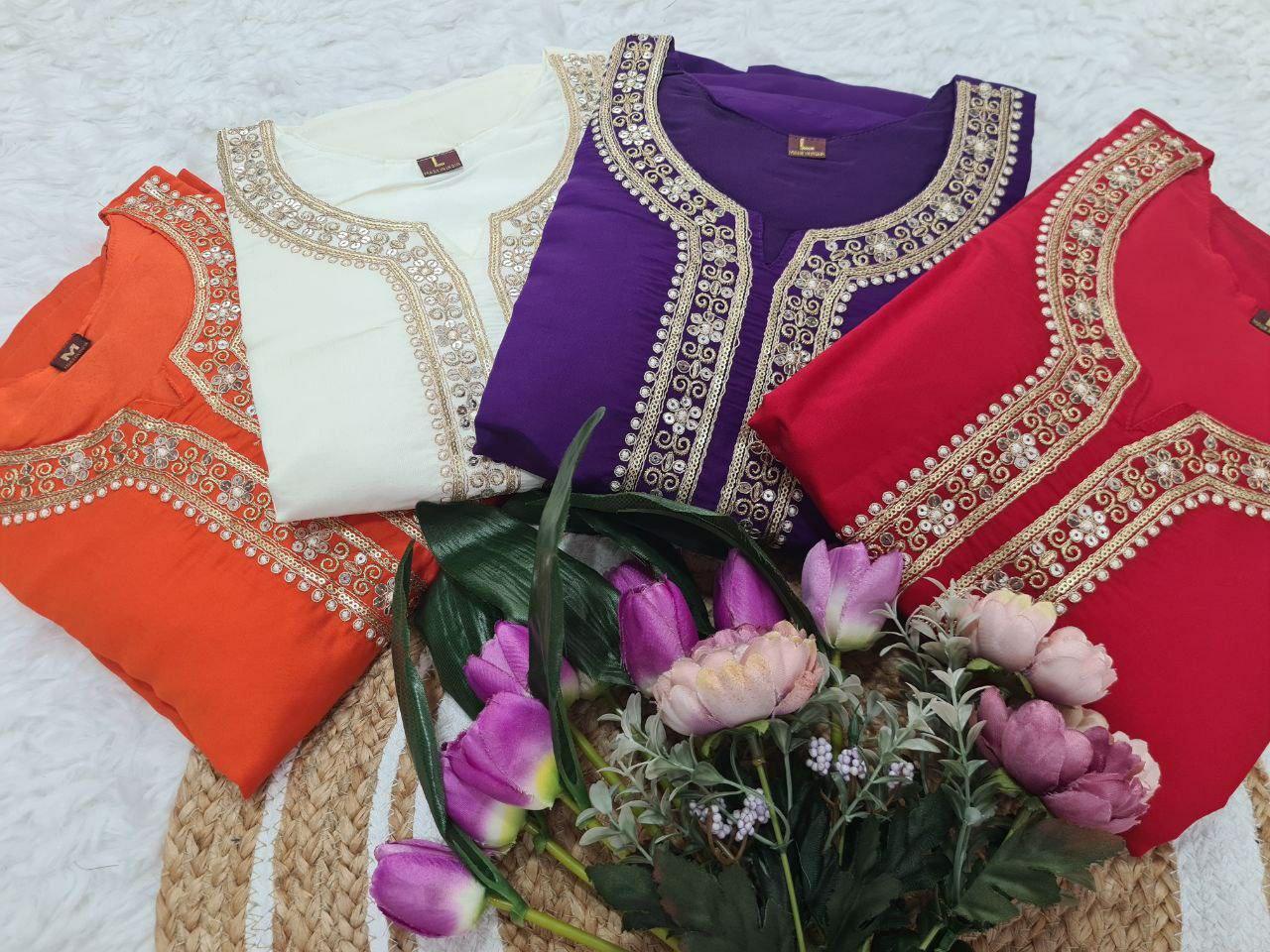 "Elegant Viscose Chanderi Kurti Set with Embroidered Sequins & Jacquard Dupatta"