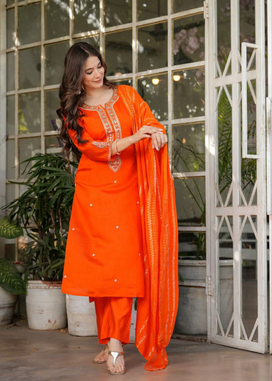 "Elegant Viscose Chanderi Kurti Set with Embroidered Sequins & Jacquard Dupatta"