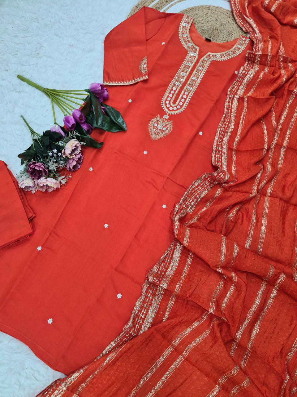 "Elegant Viscose Chanderi Kurti Set with Embroidered Sequins & Jacquard Dupatta"
