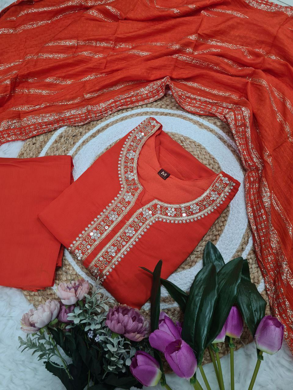 "Elegant Viscose Chanderi Kurti Set with Embroidered Sequins & Jacquard Dupatta"