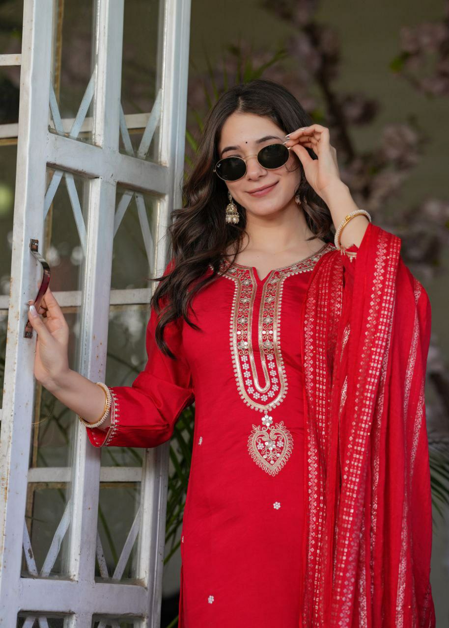 "Elegant Viscose Chanderi Kurti Set with Embroidered Sequins & Jacquard Dupatta"