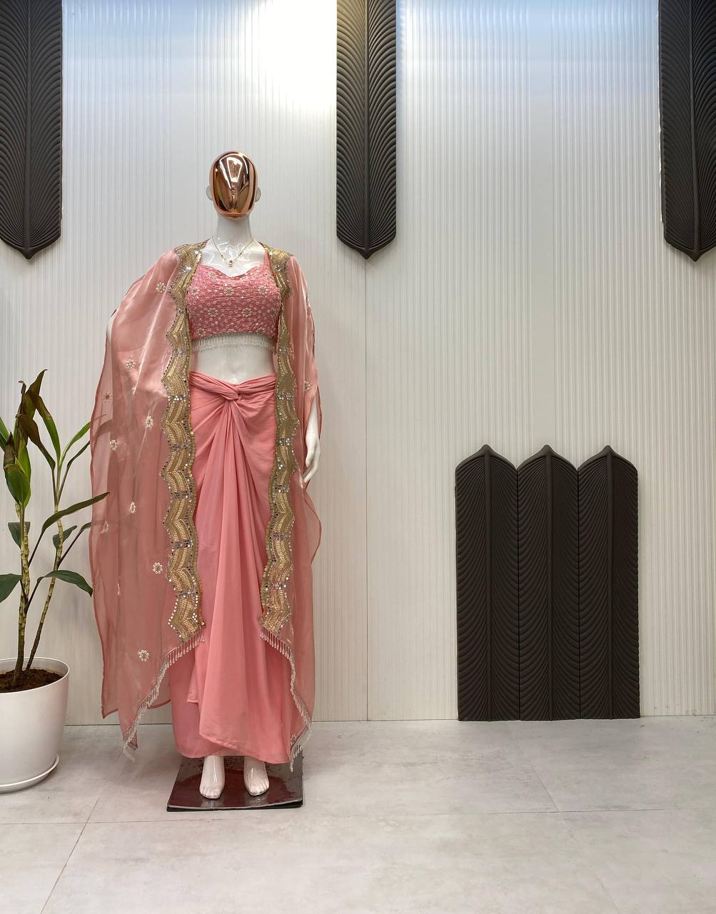 "Embroidered French Crêpe Tube Blouse & Draped Dhoti Set with Mirror Work Shrug"