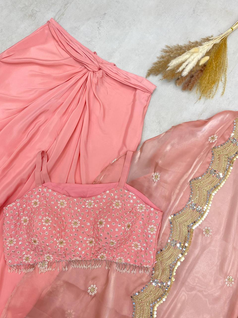 "Embroidered French Crêpe Tube Blouse & Draped Dhoti Set with Mirror Work Shrug"