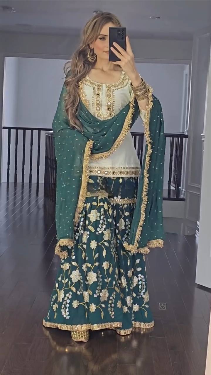 "Elegant Heavy Malay Silk Top & Pure Chinnon Silk Sharara Set with Intricate Embroidery and Mirror Work"
