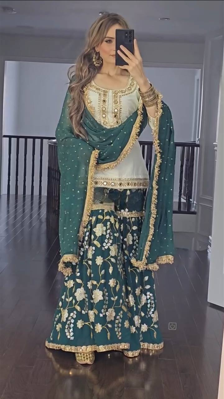 "Elegant Heavy Malay Silk Top & Pure Chinnon Silk Sharara Set with Intricate Embroidery and Mirror Work"