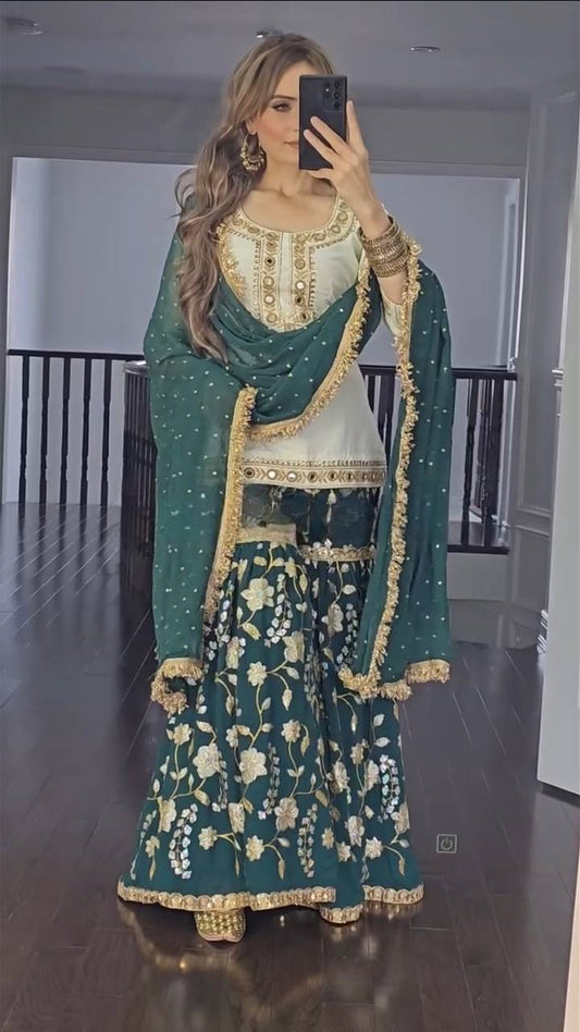 "Elegant Heavy Malay Silk Top & Pure Chinnon Silk Sharara Set with Intricate Embroidery and Mirror Work"