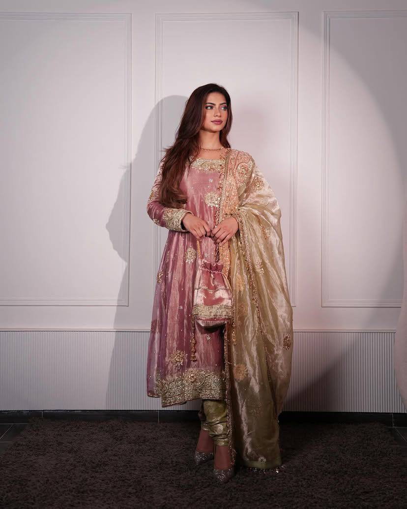 "Exquisite Embroidered Glass Tissue Top with Jacquard Pants and Pearl Work Dupatta"