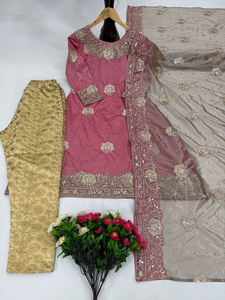 "Exquisite Embroidered Glass Tissue Top with Jacquard Pants and Pearl Work Dupatta"