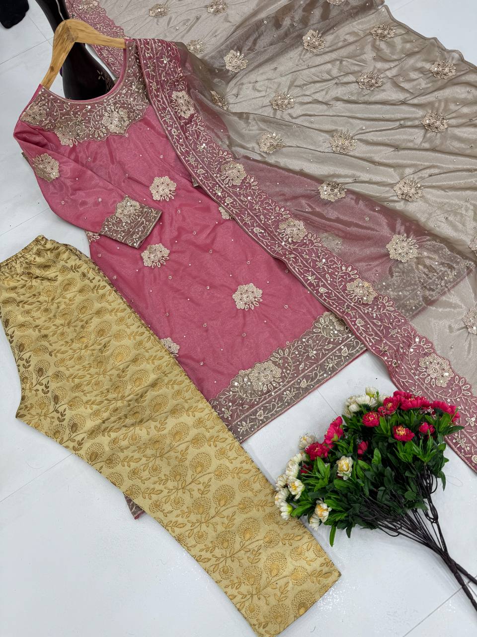 "Exquisite Embroidered Glass Tissue Top with Jacquard Pants and Pearl Work Dupatta"