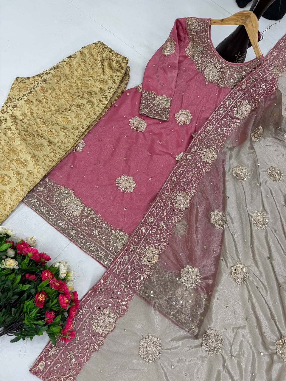 "Exquisite Embroidered Glass Tissue Top with Jacquard Pants and Pearl Work Dupatta"