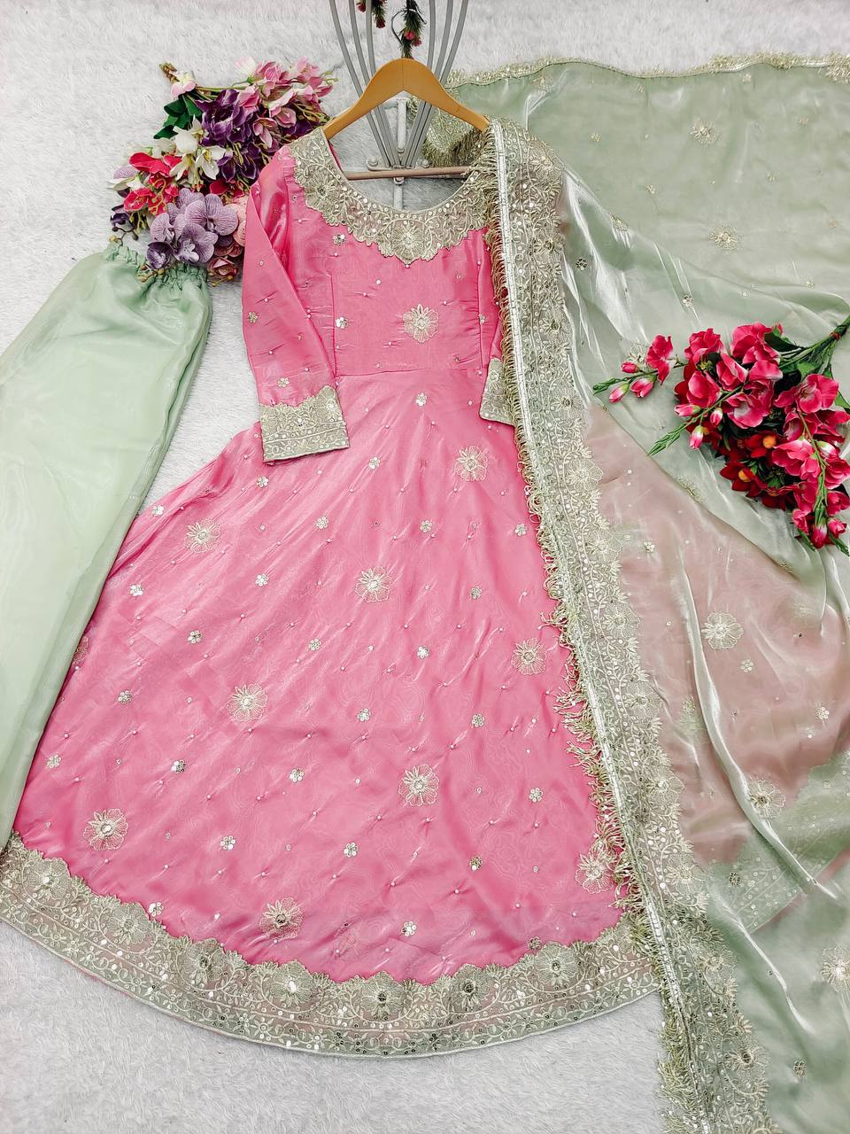 "Elegance in Silk: The GWON, Pent & Dupatta Set"