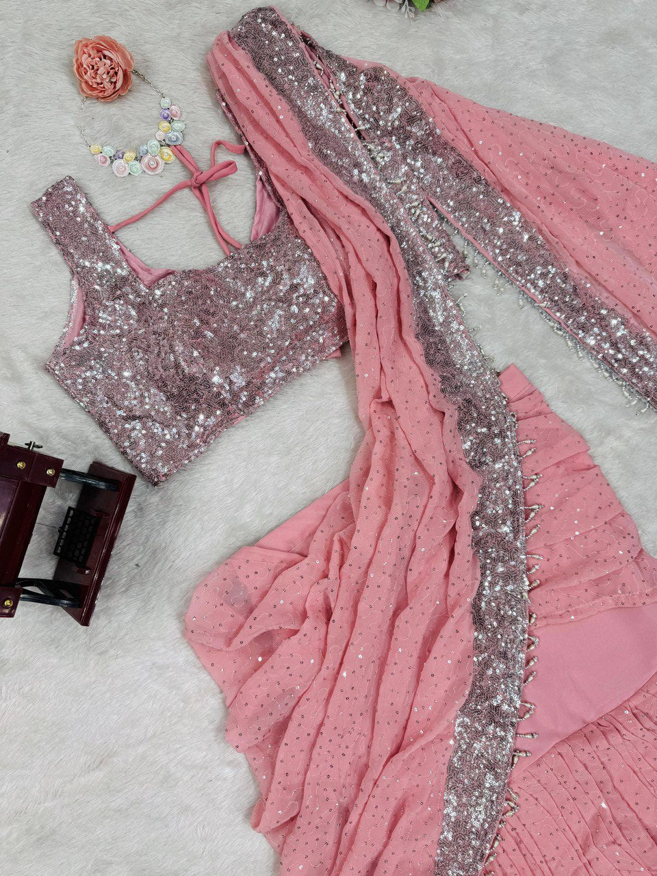 Elegant Foux Gorgette Lehenga Saree & Blouse Set