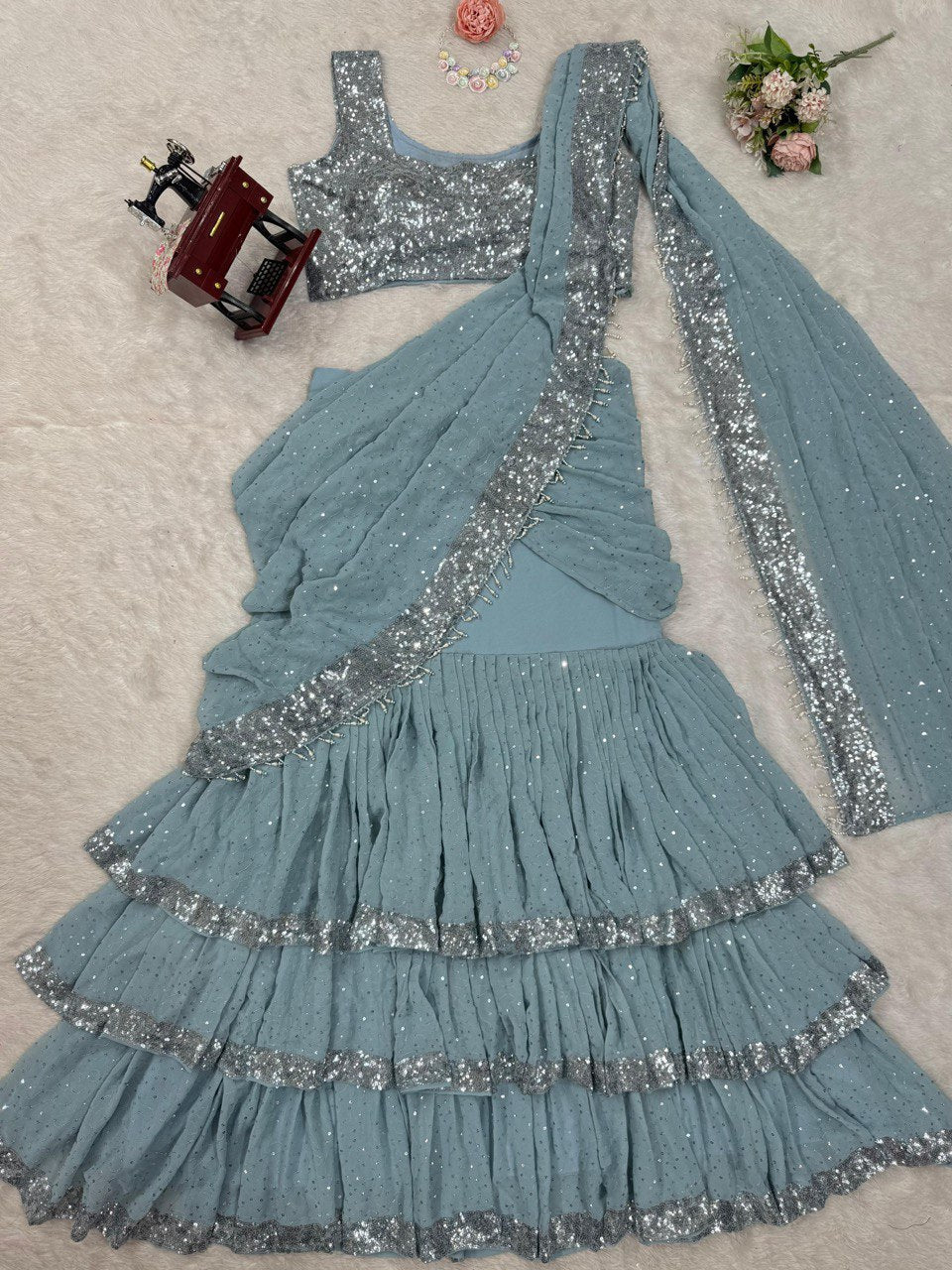 Elegant Foux Gorgette Lehenga Saree & Blouse Set