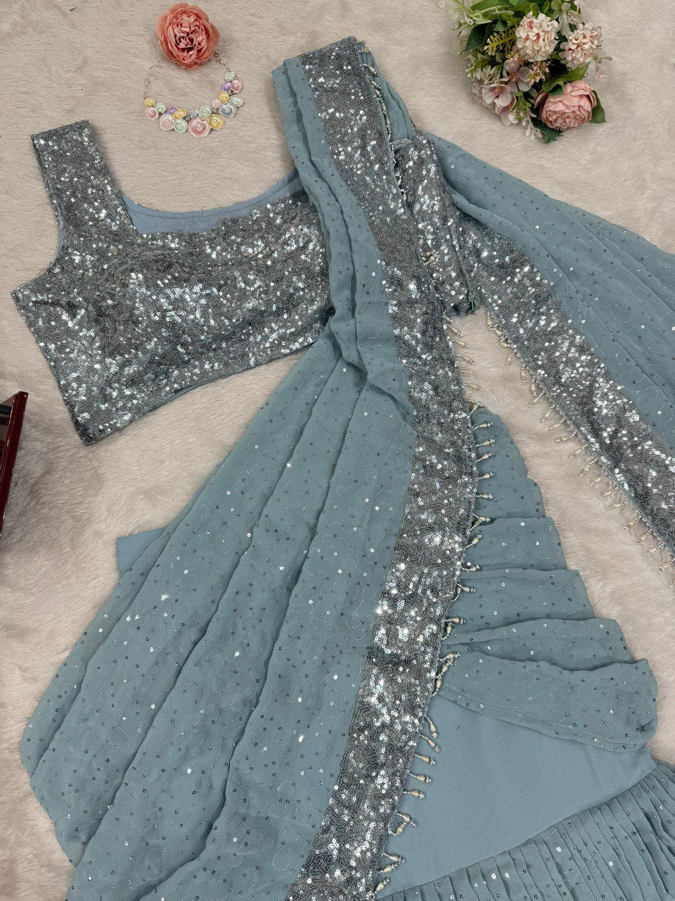 Elegant Foux Gorgette Lehenga Saree & Blouse Set