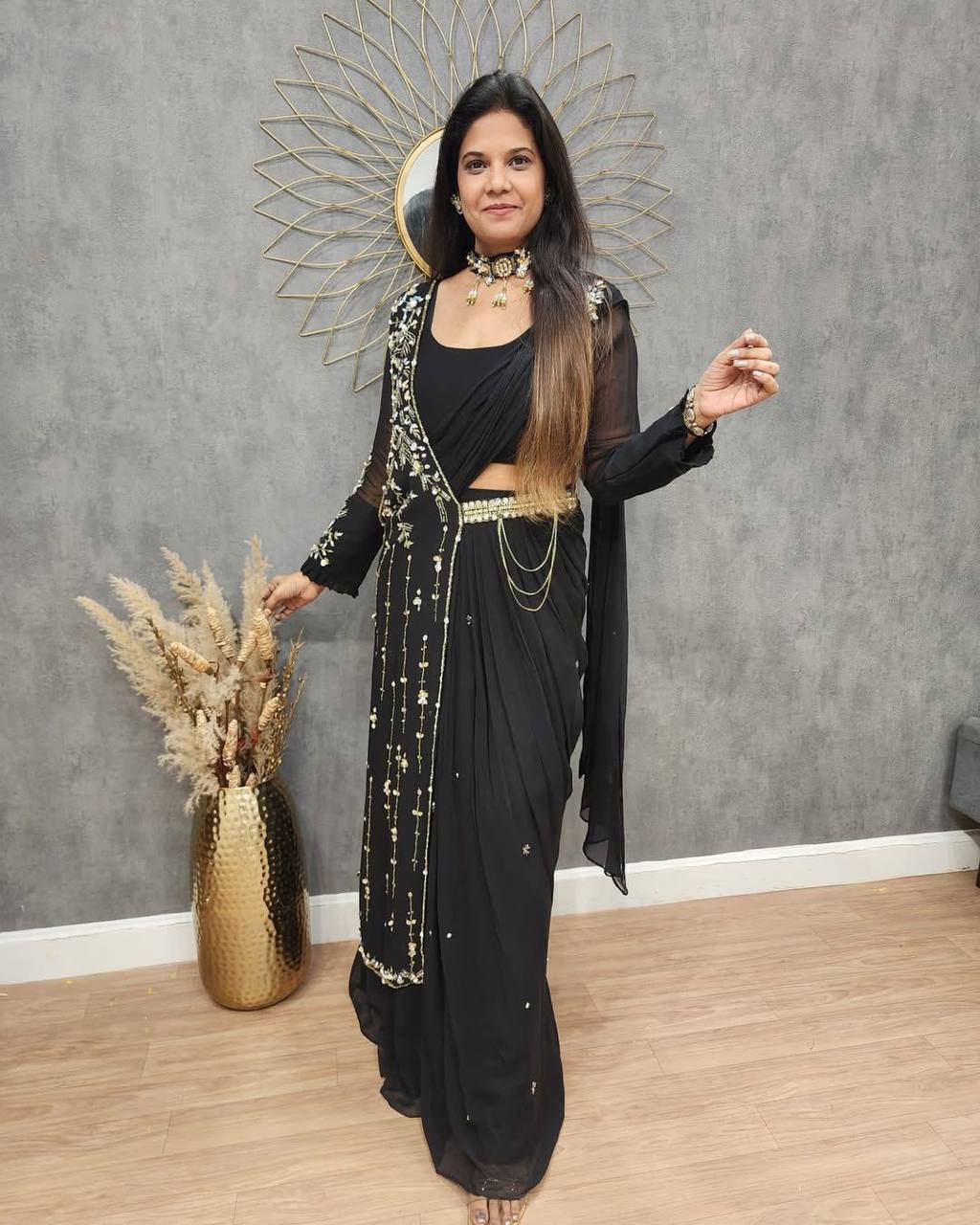 "Elegant Faux Georgette Lehenga Saree with Sequence Embroidery and Full-Stitched Blouse"