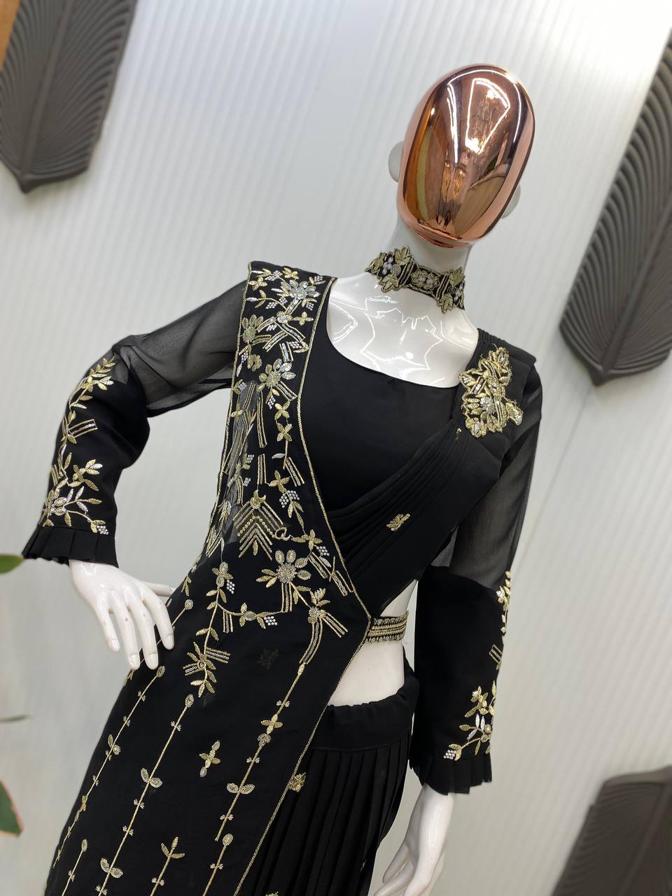 "Elegant Faux Georgette Lehenga Saree with Sequence Embroidery and Full-Stitched Blouse"