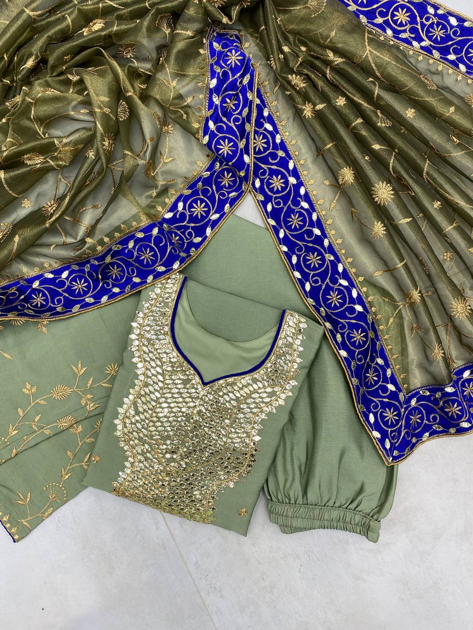 Elegant Embroidered Chinon Set with Foil Work & Twill Gold Net Dupatta