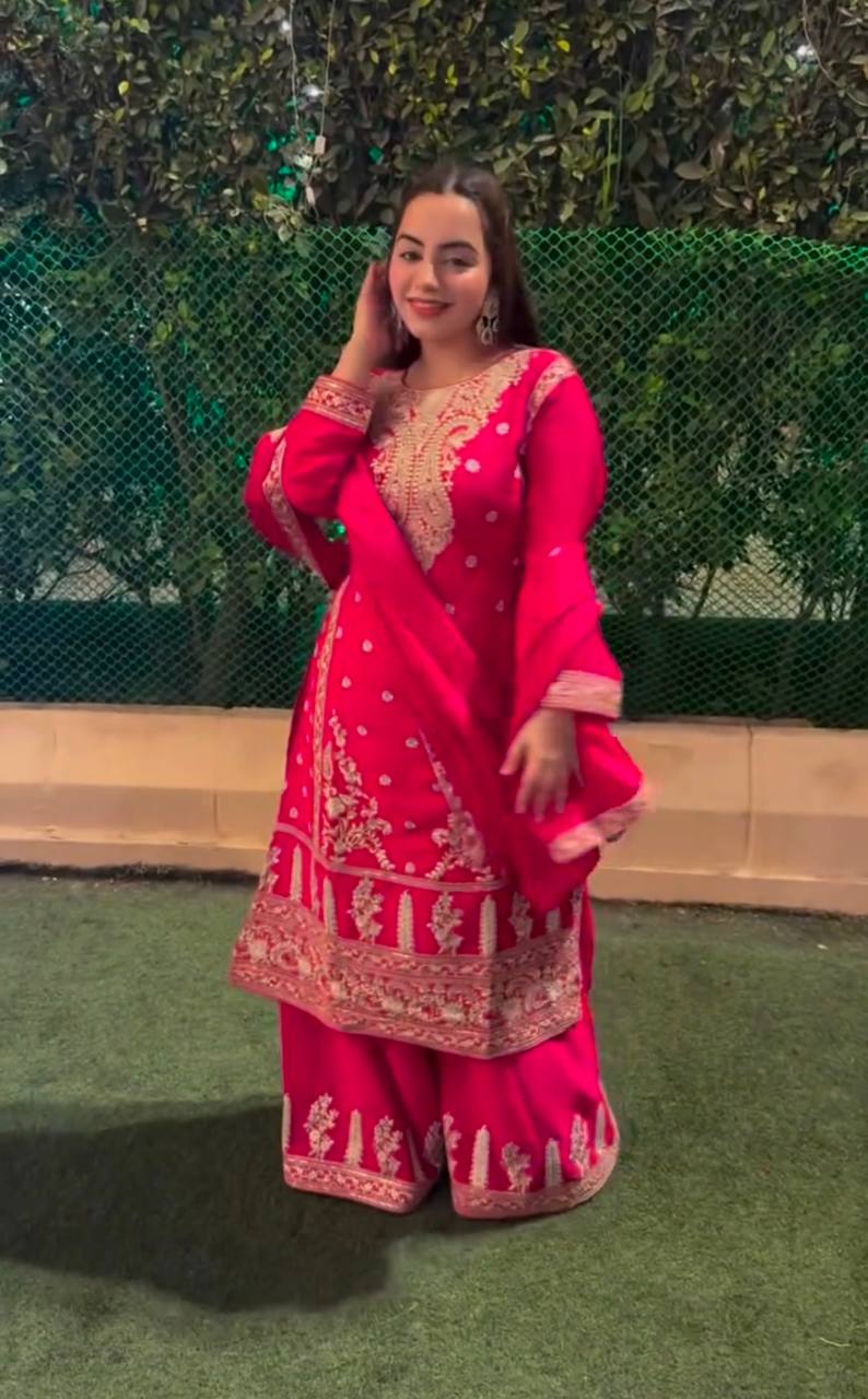 "Elegant Pure Cinon Silk Set with Embroidery – Top, Sarara, and Dupatta"