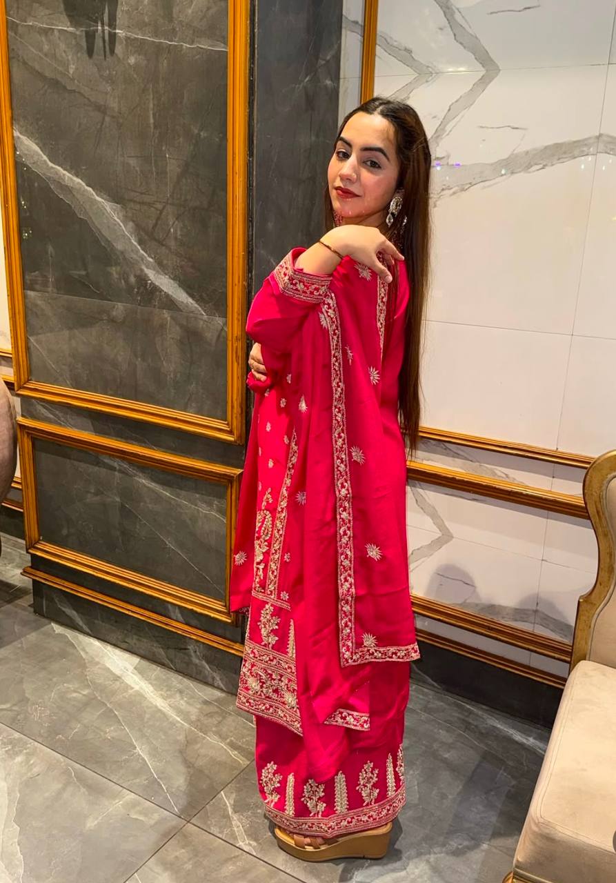 "Elegant Pure Cinon Silk Set with Embroidery – Top, Sarara, and Dupatta"