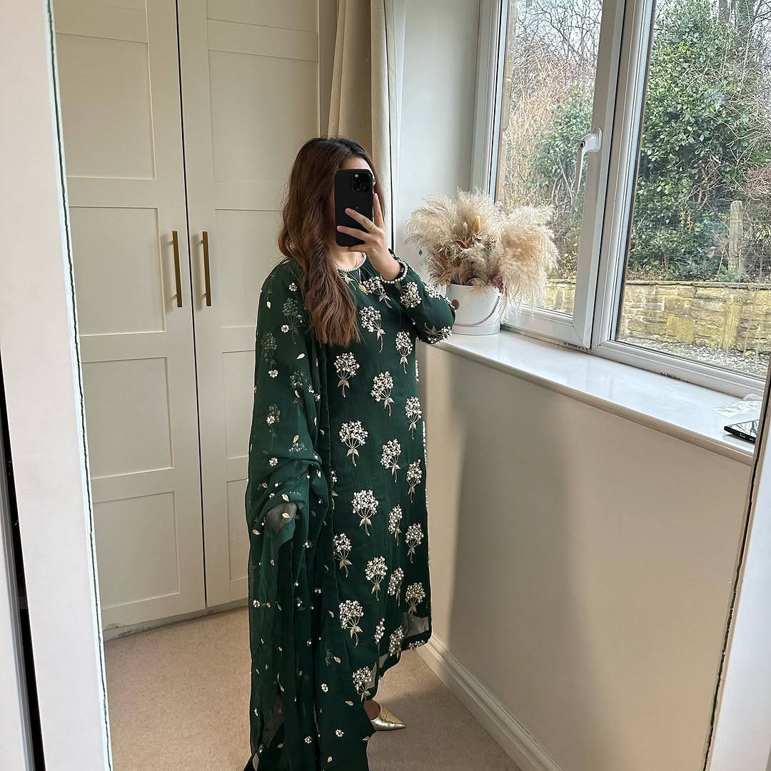 "Elegant Heavy Chinon Long Top with Embroidered Dupatta & Stitched Pant Set"