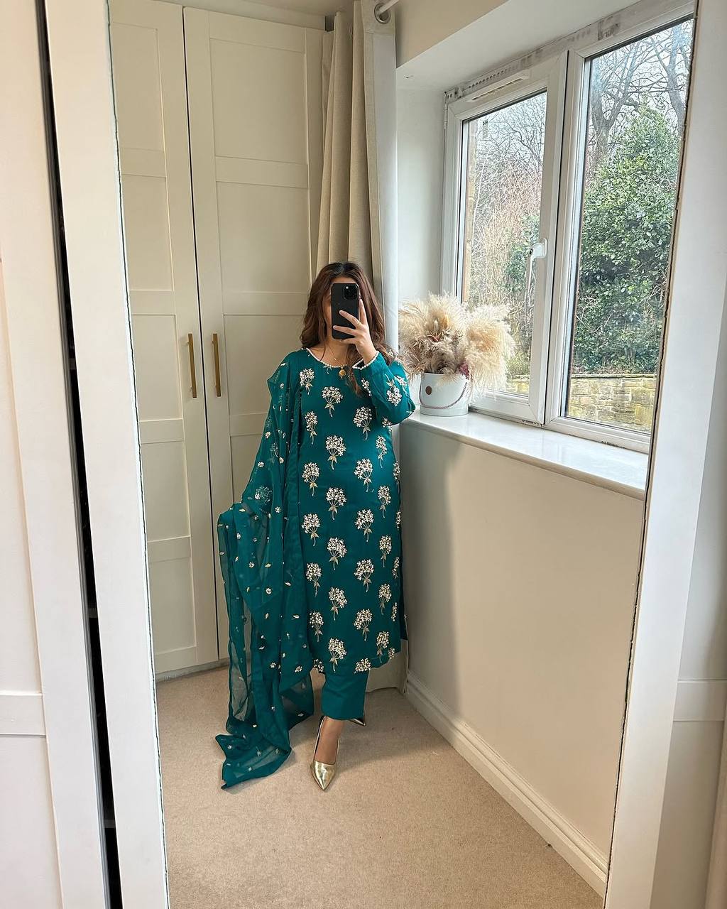 "Elegant Heavy Chinon Long Top with Embroidered Dupatta & Stitched Pant Set"