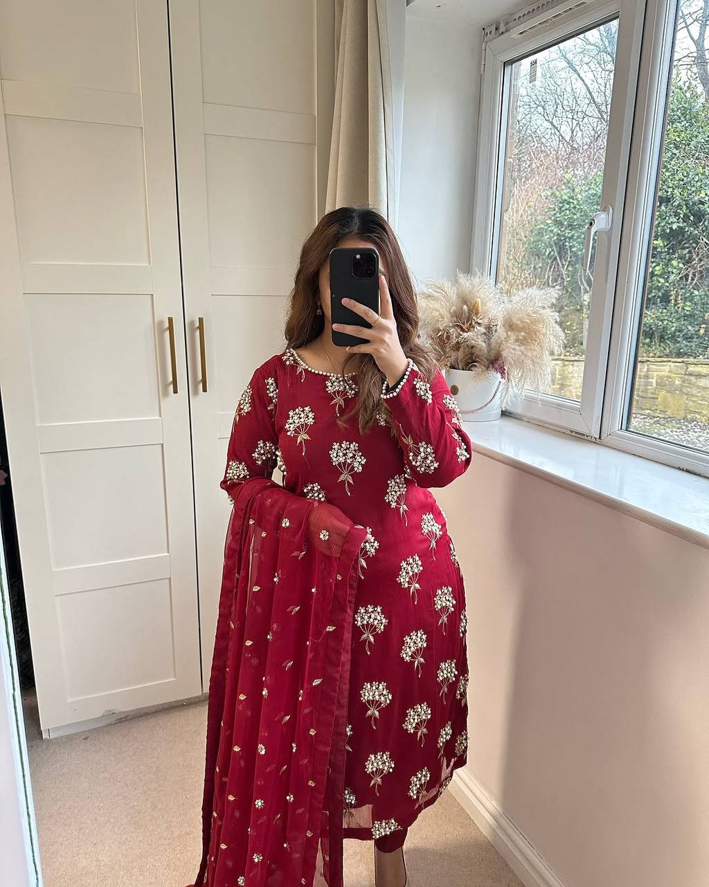 "Elegant Heavy Chinon Long Top with Embroidered Dupatta & Stitched Pant Set"