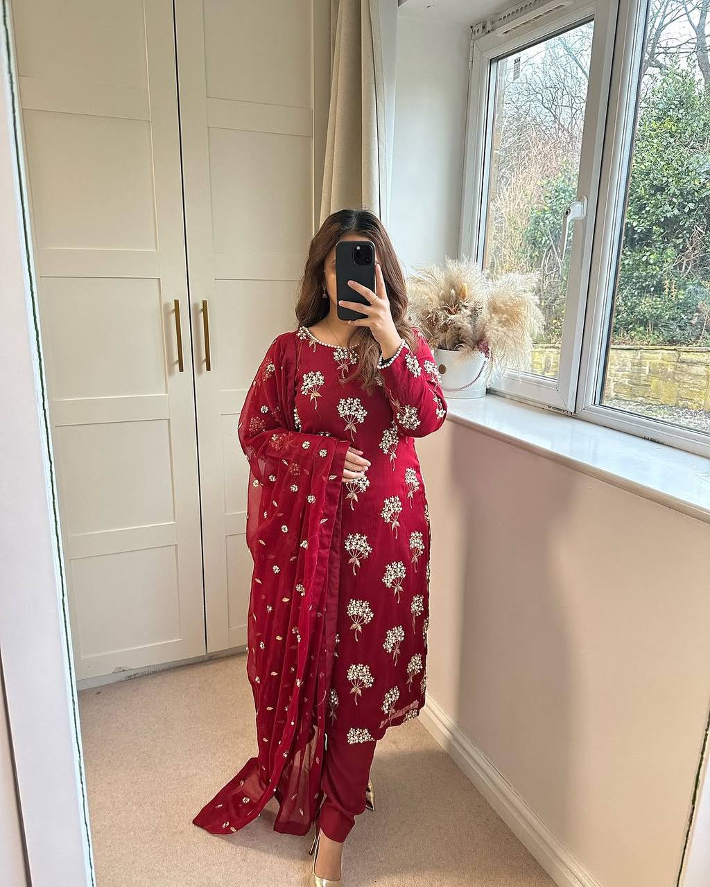 "Elegant Heavy Chinon Long Top with Embroidered Dupatta & Stitched Pant Set"