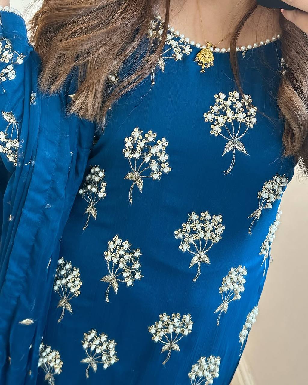 "Elegant Heavy Chinon Long Top with Embroidered Dupatta & Stitched Pant Set"