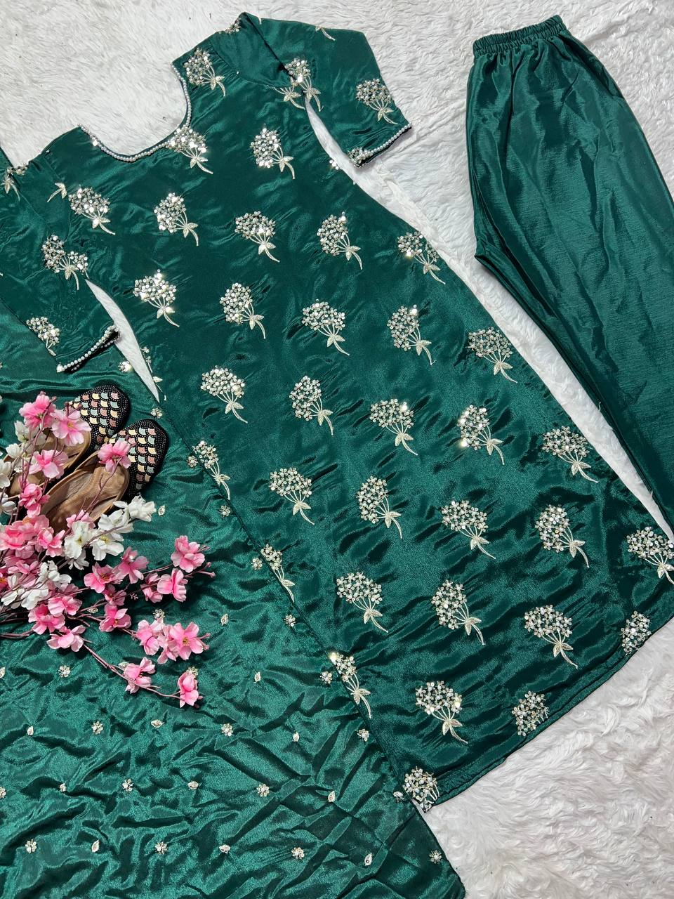 "Elegant Heavy Chinon Long Top with Embroidered Dupatta & Stitched Pant Set"