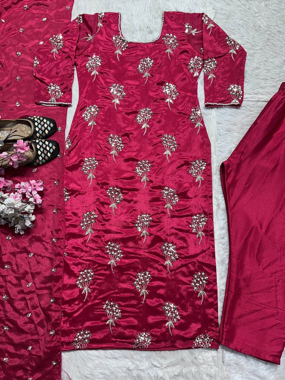 "Elegant Heavy Chinon Long Top with Embroidered Dupatta & Stitched Pant Set"