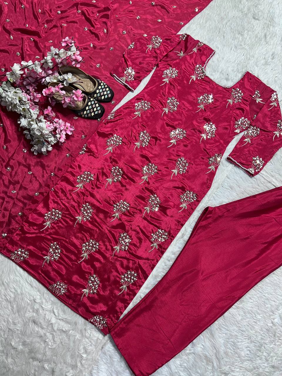 "Elegant Heavy Chinon Long Top with Embroidered Dupatta & Stitched Pant Set"