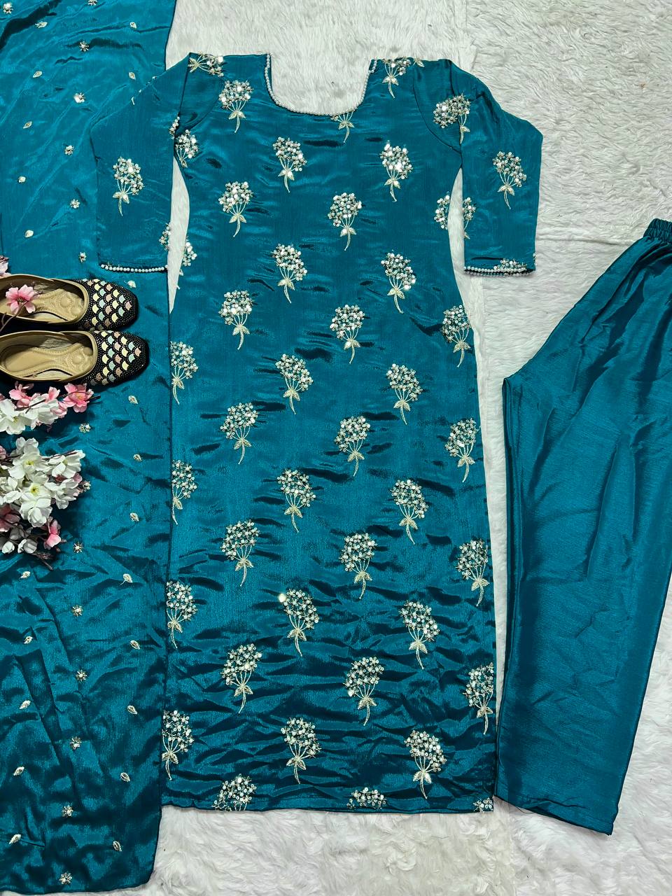 "Elegant Heavy Chinon Long Top with Embroidered Dupatta & Stitched Pant Set"