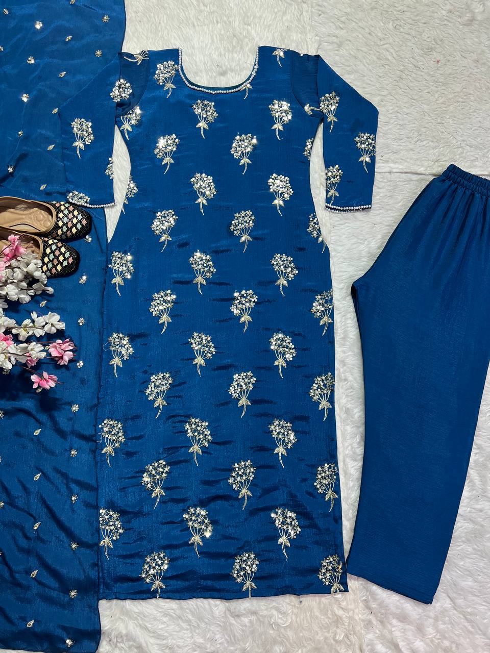 "Elegant Heavy Chinon Long Top with Embroidered Dupatta & Stitched Pant Set"