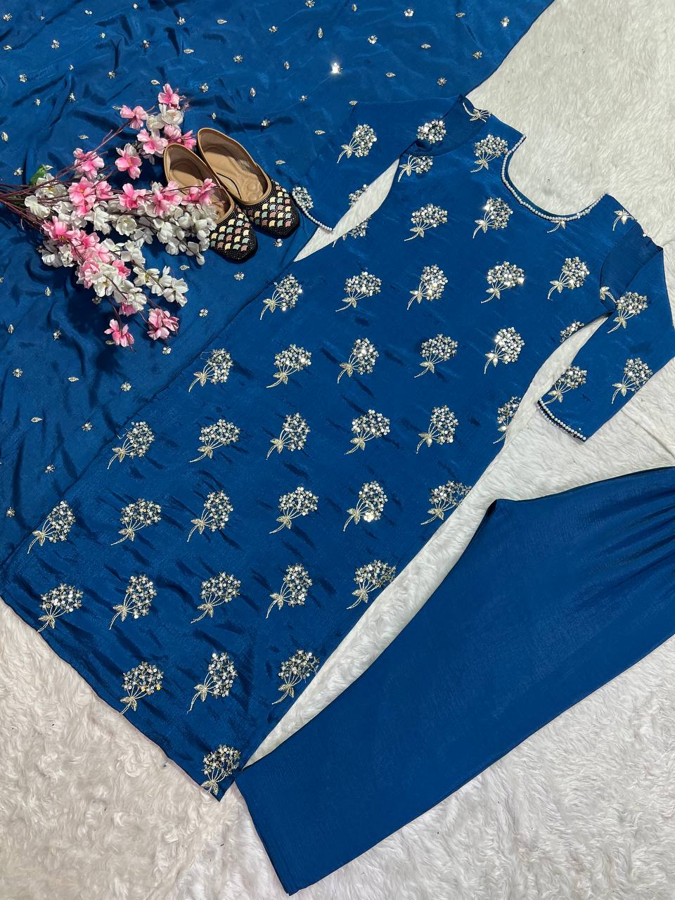 "Elegant Heavy Chinon Long Top with Embroidered Dupatta & Stitched Pant Set"