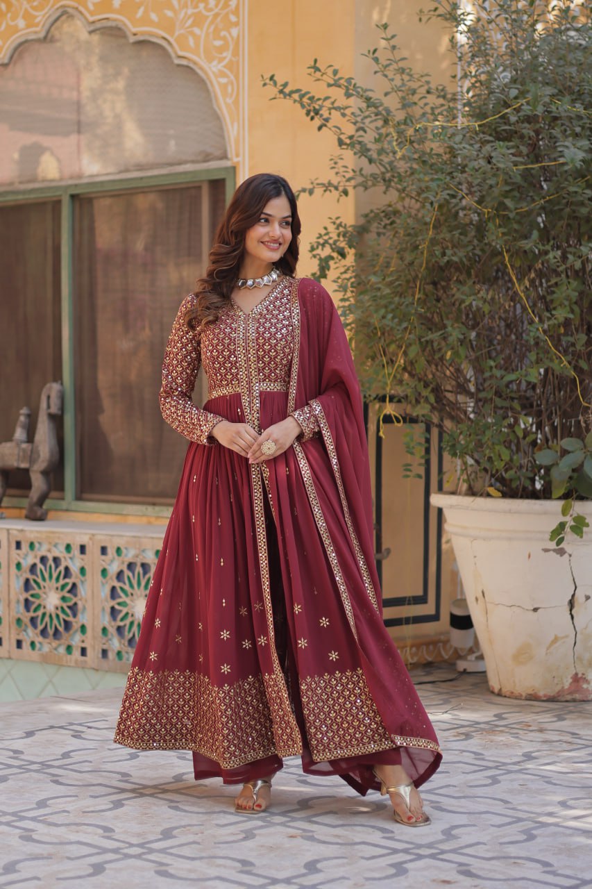 "Elegant Faux Georgette Embroidered 3-Piece Set with Sequins Work"