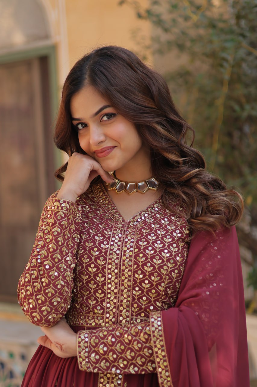 "Elegant Faux Georgette Embroidered 3-Piece Set with Sequins Work"