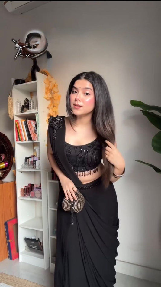 "Elegant Foux Gorgette Blouse, Ready-to-Wear Dhoti & Waist Belt Set with Thread & Sequence Work"