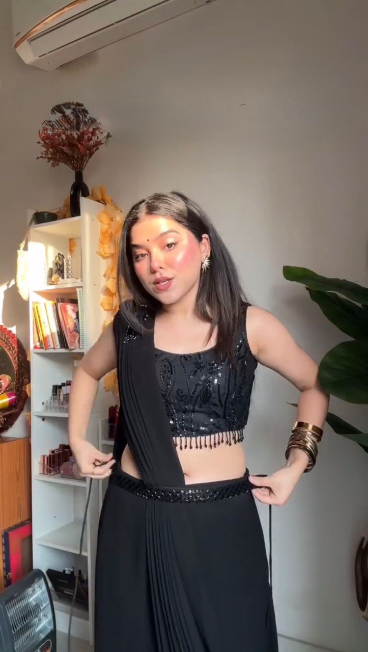 "Elegant Foux Gorgette Blouse, Ready-to-Wear Dhoti & Waist Belt Set with Thread & Sequence Work"