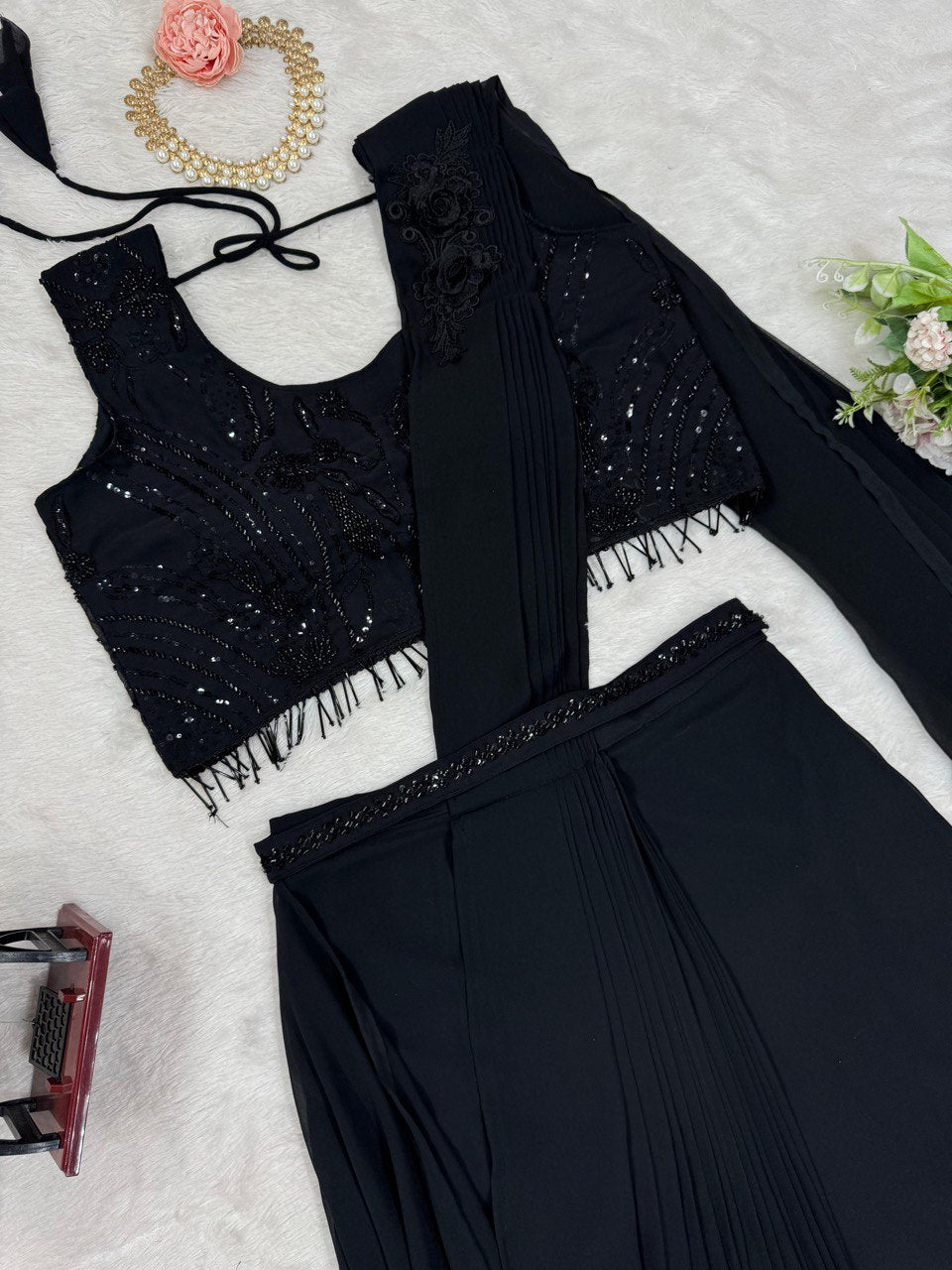 "Elegant Foux Gorgette Blouse, Ready-to-Wear Dhoti & Waist Belt Set with Thread & Sequence Work"