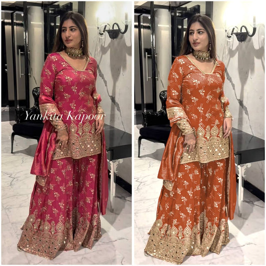 "Elegance Redefined: Heavy Simmer Silk Sharara Set with Embroidery Sequence Work"