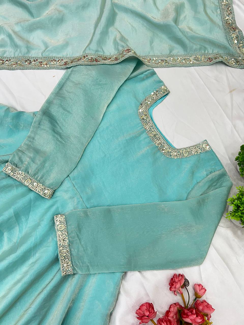 "Royal Elegance: Heavy Fandy Silk Gown with Embroidery Sequence Work & Full Flair"