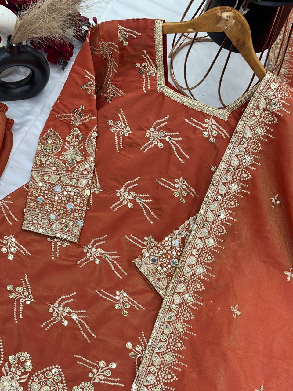 "Elegance Redefined: Heavy Simmer Silk Sharara Set with Embroidery Sequence Work"