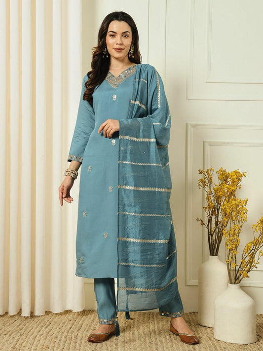 Denim Blue Roman Silk Kurti Set with Beautiful Embroidery and Sequence Work
