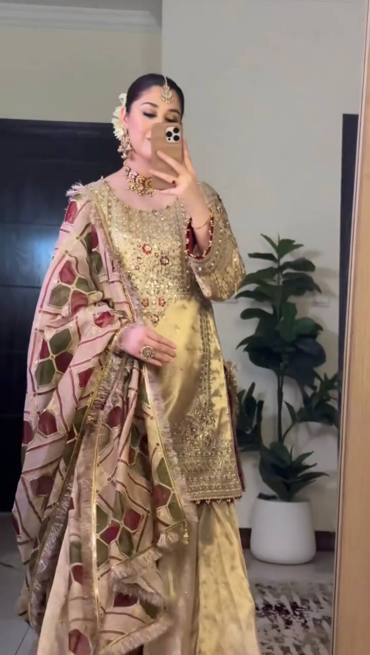 "Embroidered Cosmos Silk Sharara Set with Organza Dupatta and Golden Lace"