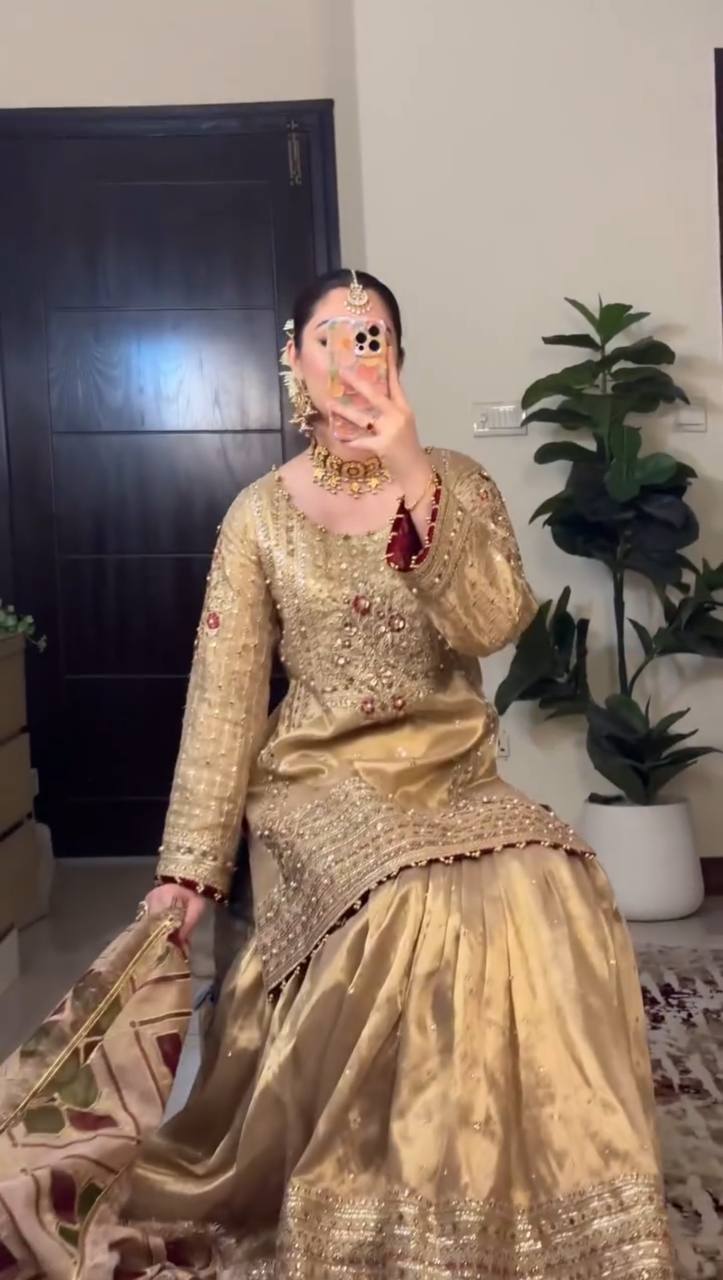 "Embroidered Cosmos Silk Sharara Set with Organza Dupatta and Golden Lace"